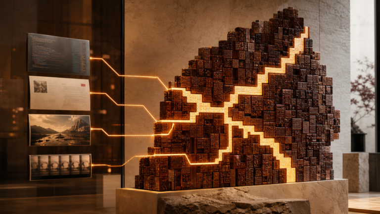 Warm amber routing sculpture connecting code, document, image and video inputs, illustrating Qwen3.8-Max’s sparse multimodal model