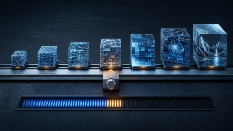 Seven increasingly large crystalline model files sit on a finite memory rail, illustrating the trade-off between Qwen3.8-27B compression and context headroom