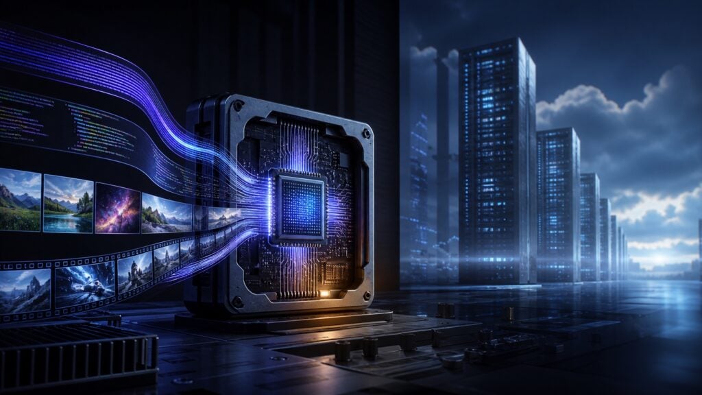 A compact illuminated AI processor combines code, image and video streams in the foreground while much larger server towers rise in the distance.