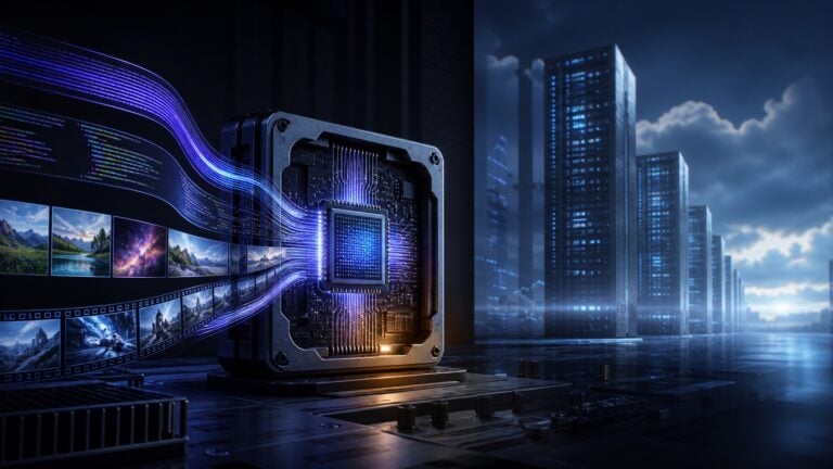 A compact illuminated AI processor combines code, image and video streams in the foreground while much larger server towers rise in the distance.