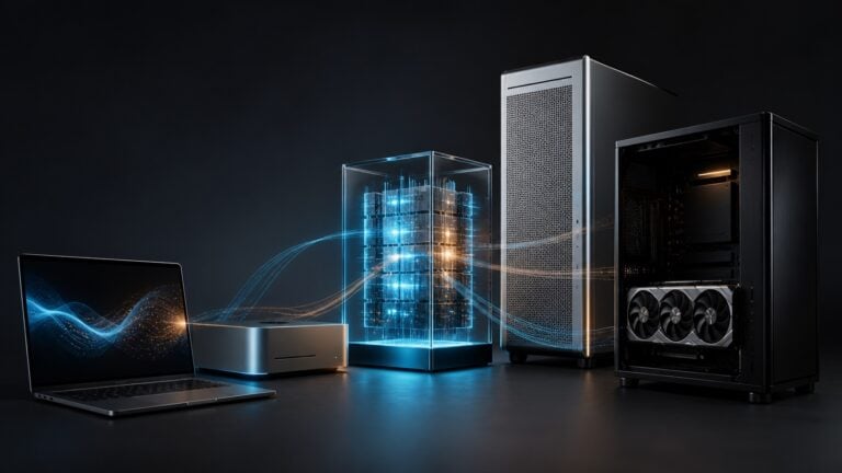 A laptop, compact desktop, workstation and GPU tower surround a glowing local AI core, representing hardware options for Qwen3.8-27B