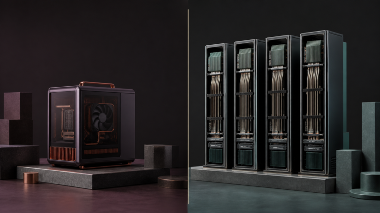 Editorial comparison of a compact local AI workstation on the left and four datacentre accelerator towers on the right