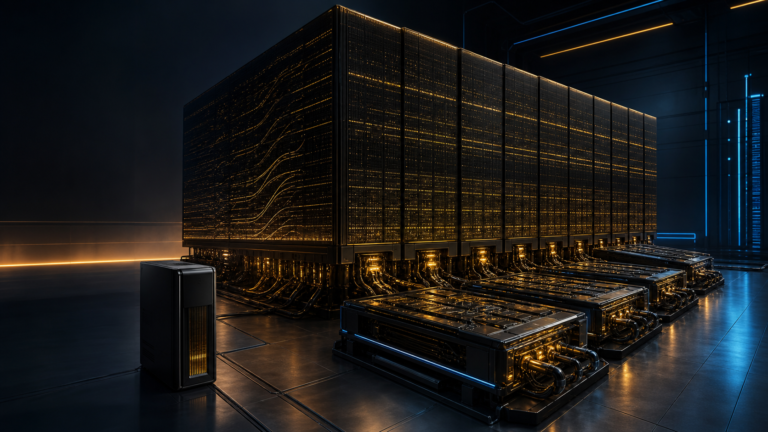 A small desktop workstation beside a vast black-and-gold AI server system, illustrating the hardware scale required for Qwen3.8 Max