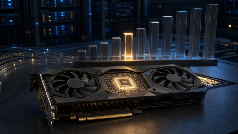 A single high-end graphics card powering a compact AI processor in front of an ascending agent benchmark visualization