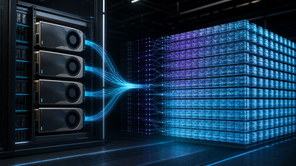 Four accelerator modules connect to a much larger illuminated memory lattice, visualizing Qwen3.8-Flash-Next's sparse active path and resident N-gram memory.