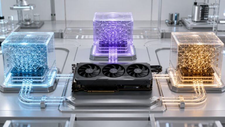 Three abstract AI model cores connected to one unbranded graphics card in a bright test lab, representing Qwen3.8, Qwen3.6 and Gemma 4 on 24GB