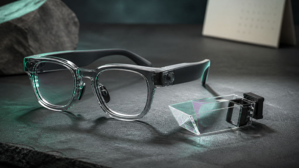 Editorial concept of transparent smart glasses and an optical waveguide module before launch