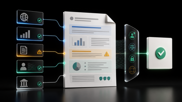 Illustration of verified source cards feeding a protected AI meeting brief with conflict and privacy checks