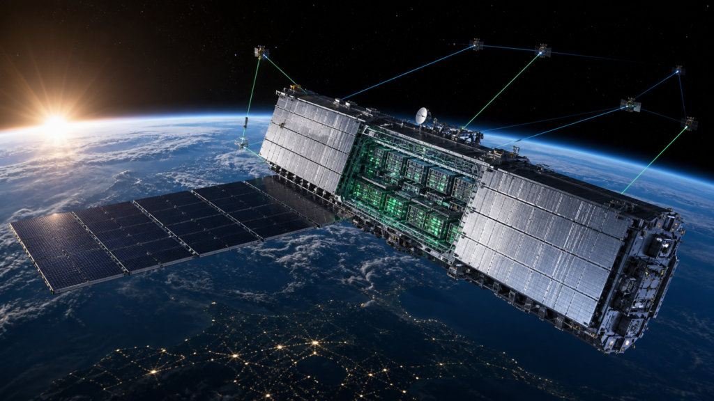 Illustration of a modular orbital AI-compute satellite with solar arrays and radiator panels above Earth