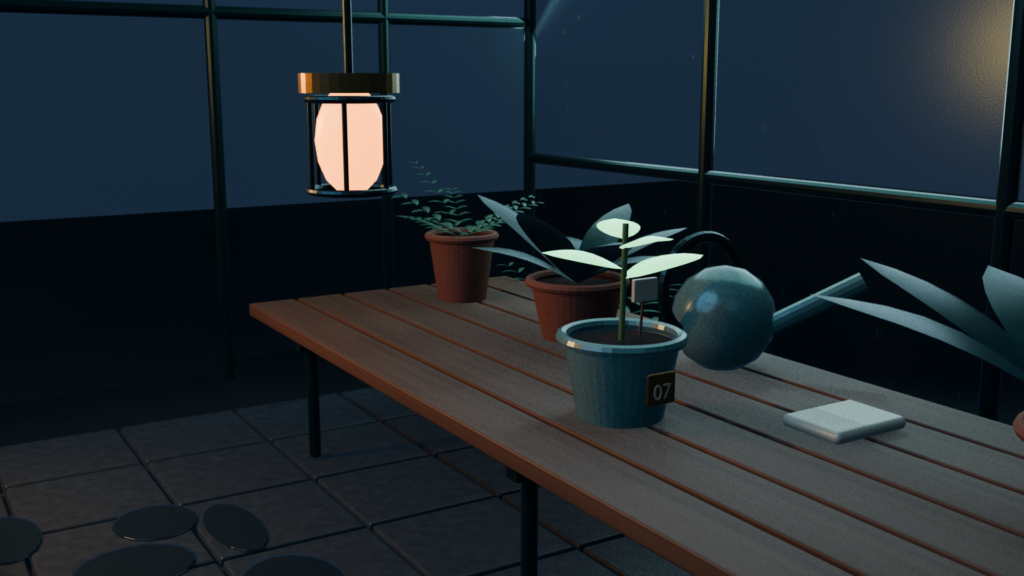 Glowing seedling pot 07 and a warm maintenance lamp inside a dark procedural conservatory
