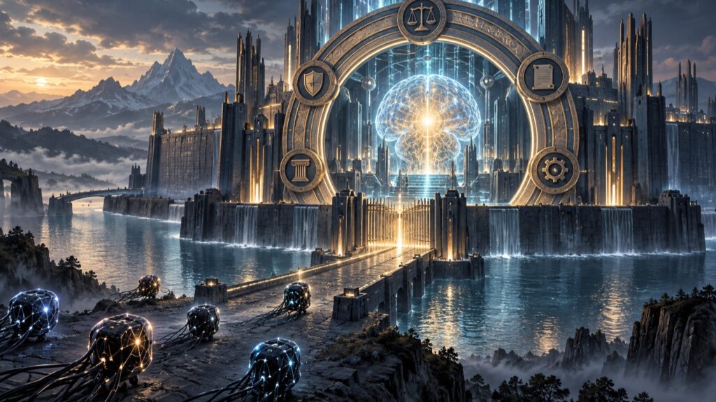 A luminous artificial intelligence core behind a monumental circular regulatory gate as smaller systems approach from outside.