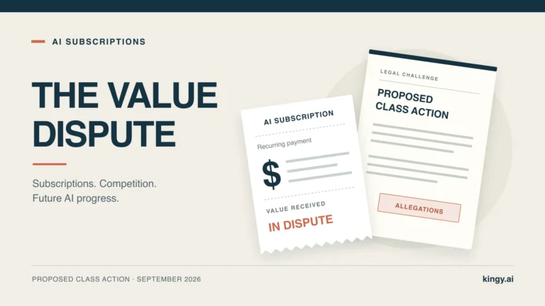 Editorial illustration of an AI subscription receipt beside a proposed class-action document, representing disputed subscription value and future AI progress.
