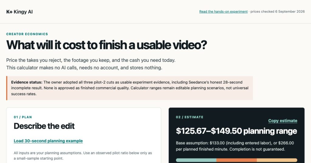AI video cost calculator showing planning inputs and a cost range