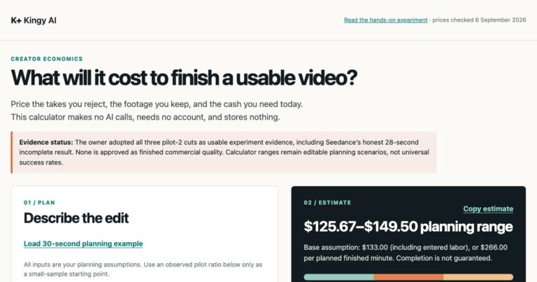 AI video cost calculator showing planning inputs and a cost range