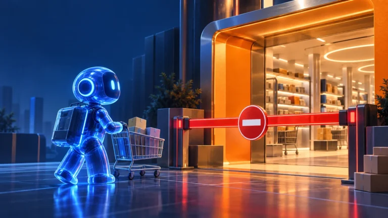 A blue AI shopping agent pushing a cart toward a red access barrier at an orange digital storefront.