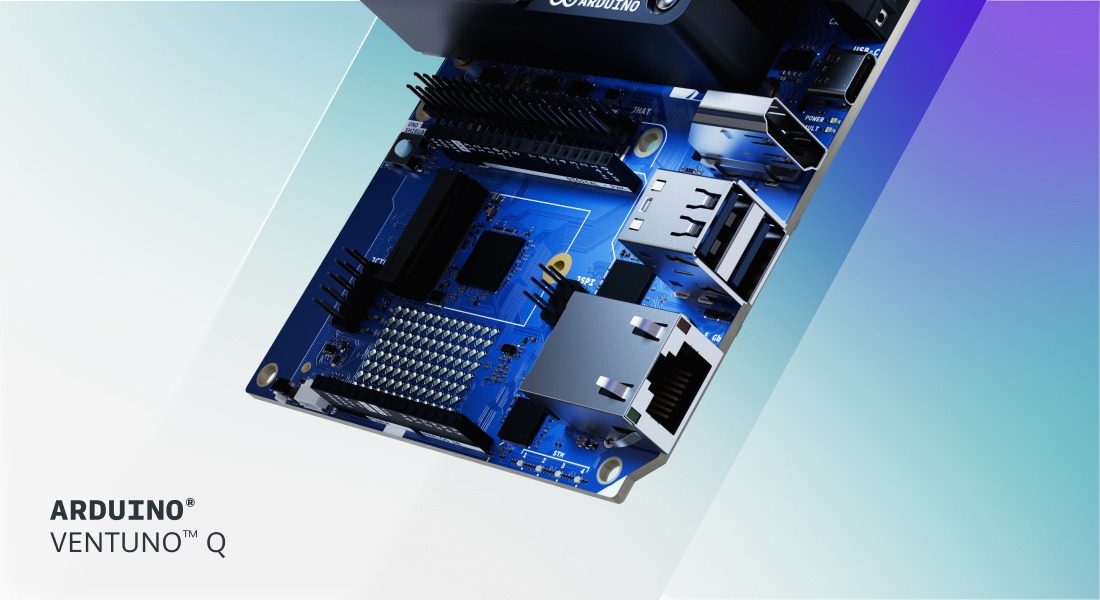 Official Arduino VENTUNO Q launch artwork showing the edge-AI development board