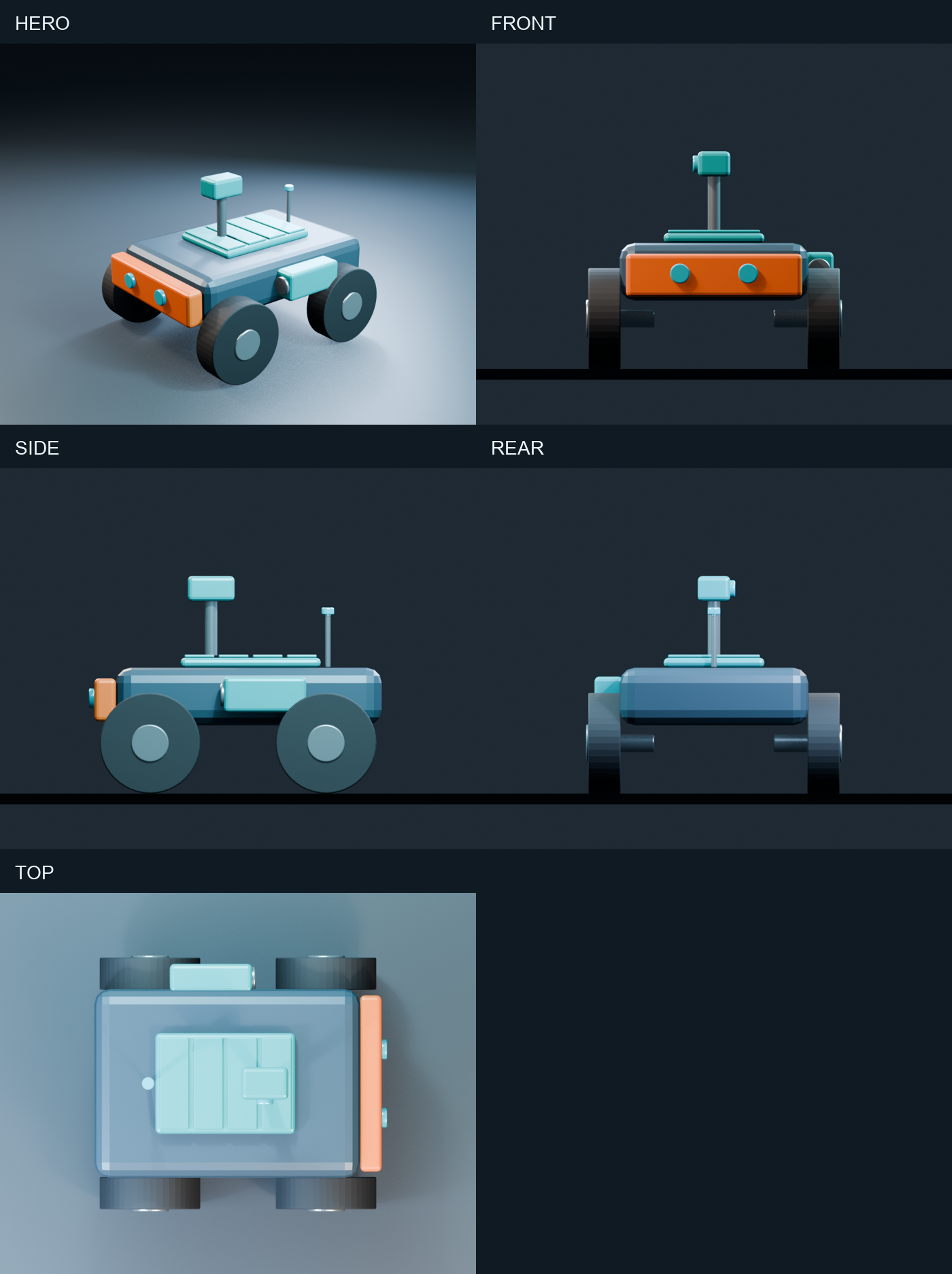 Five Blender renders of the Fieldnote R1 rover showing hero, front, side, rear and top views