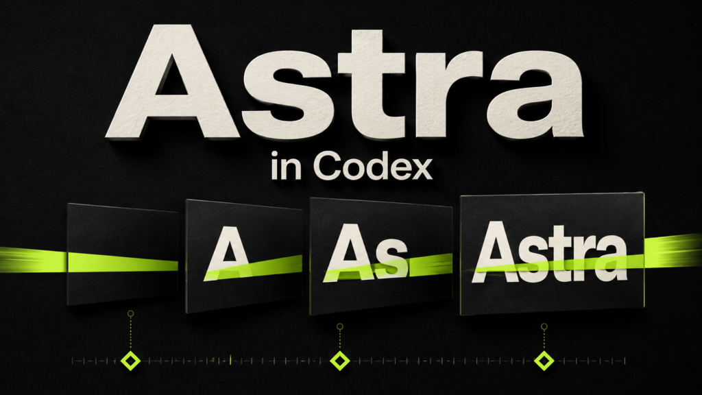 Editorial illustration of Astra in Codex with lime-green masked typography reveals and animation keyframes.