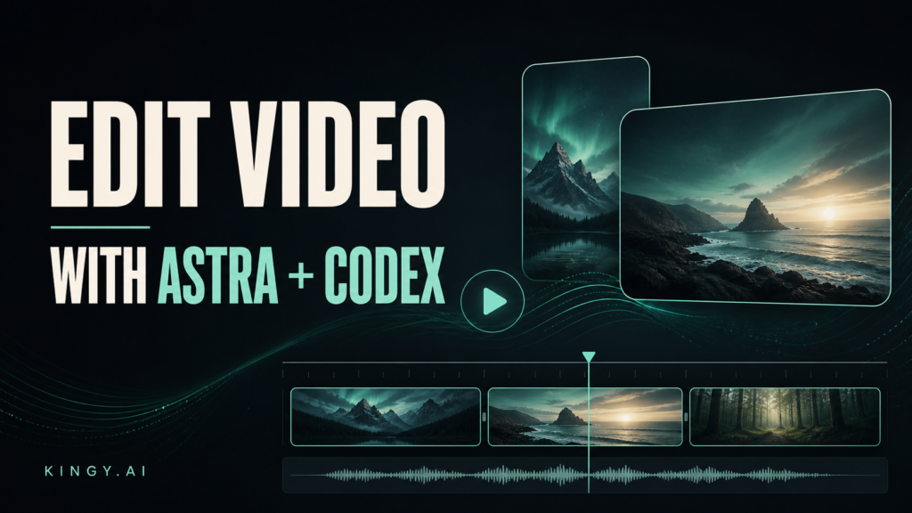 Editorial illustration of a video timeline with landscape and portrait frames, titled Edit Video With Astra + Codex.