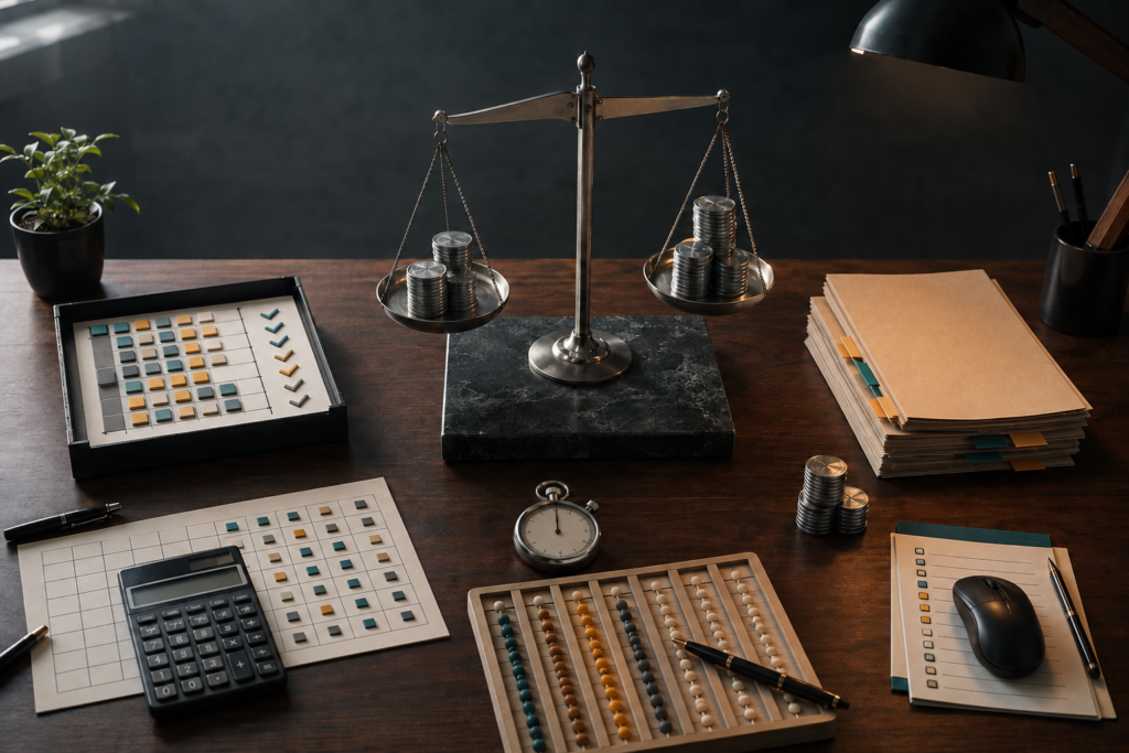Editorial workbench with a balance scale comparing token stacks, a calculator, task folders and a computer mouse