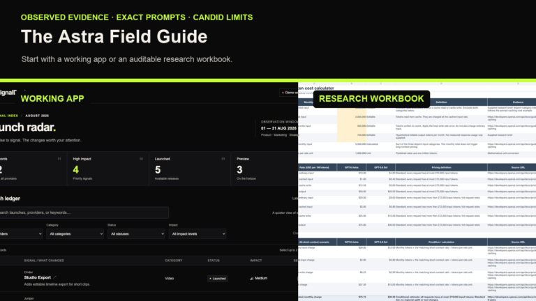A working SignalDesk app beside an auditable research workbook in the Astra Field Guide