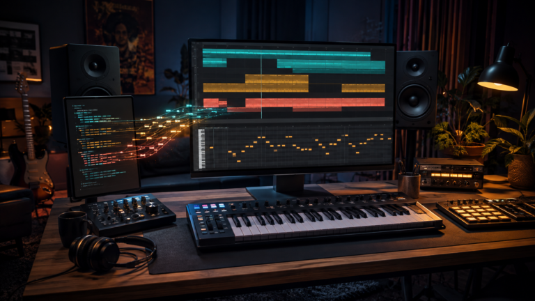Illustration of a music studio with MIDI keyboard, multitrack arrangement and note patterns flowing from code into music.