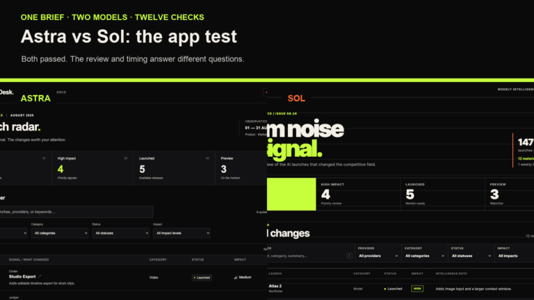 Side-by-side SignalDesk interfaces produced in the matched Astra and Sol local app test