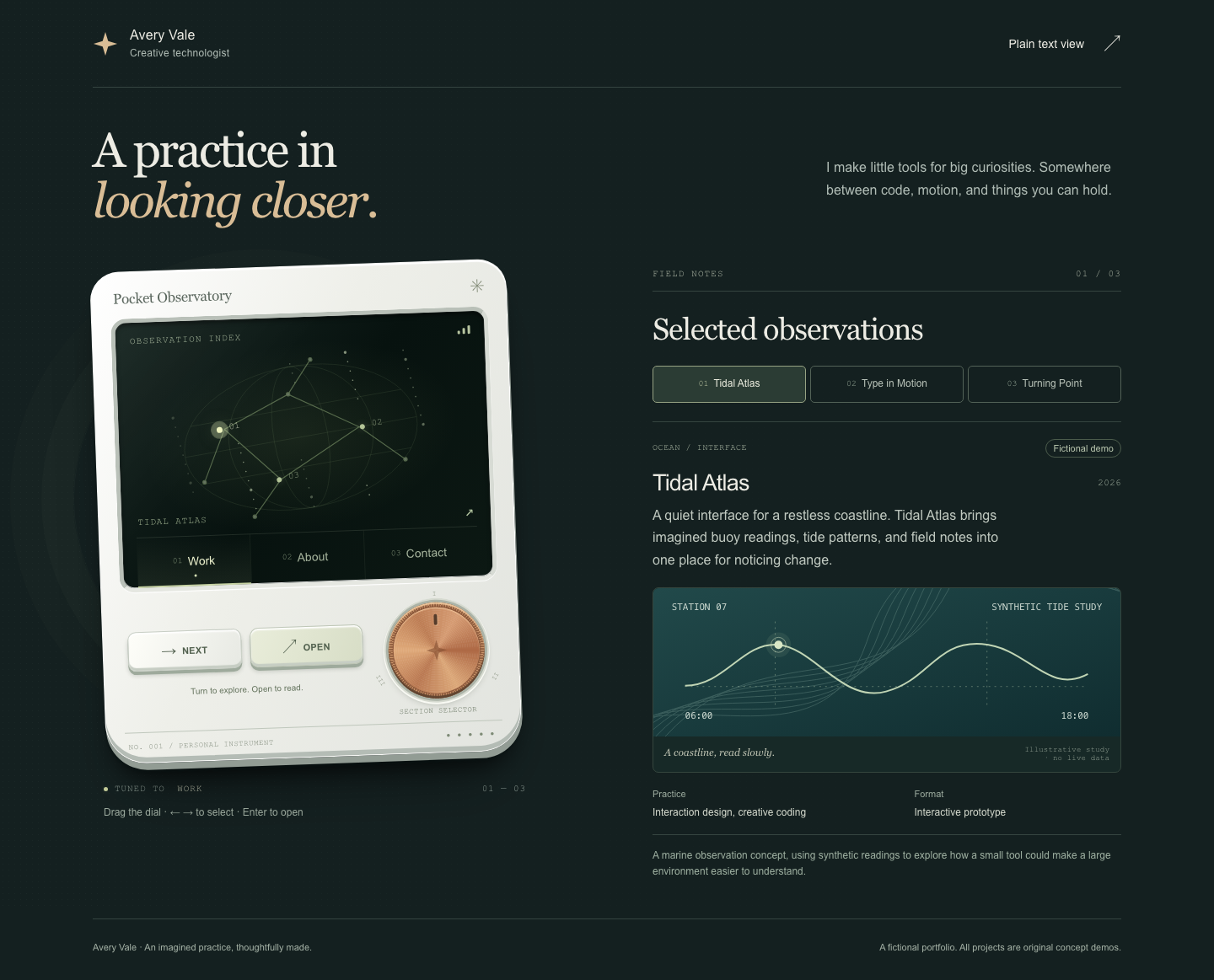 Pocket Observatory portfolio showing the Work section on a tactile instrument interface.