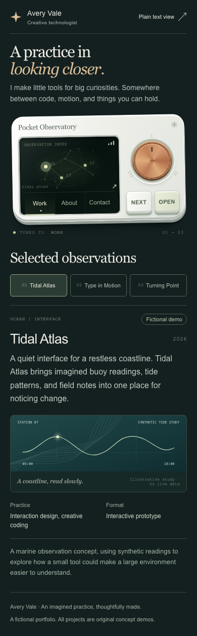 Phone layout puts the selected fictional project inside the viewport.