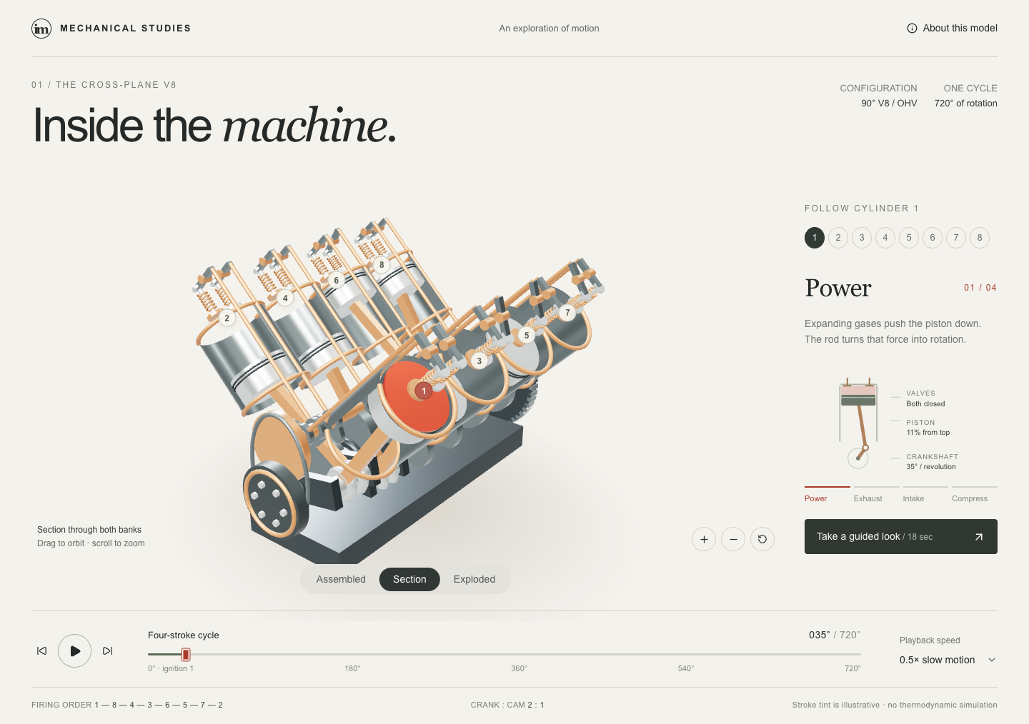 Interactive V8 section view with selected cylinder and 720-degree cycle controls.