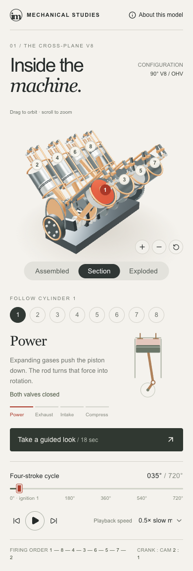 Phone layout keeps the V8 cycle explanation and controls readable.