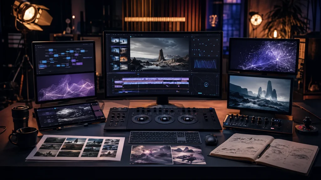 AI video production desk with editing monitors, storyboard frames and video controls