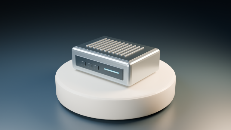 Original mini PC model on a studio plinth, rendered in Blender.