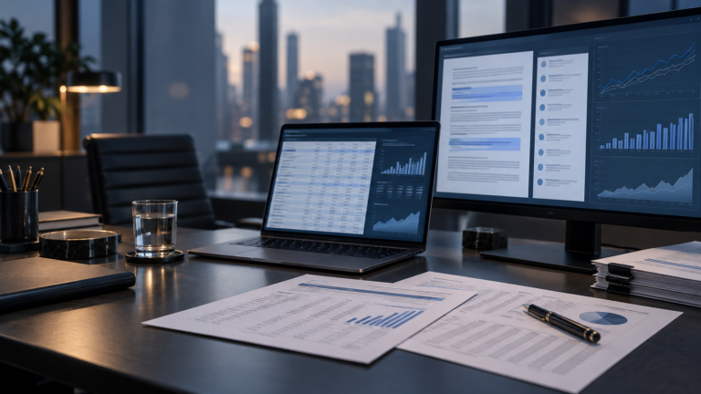 Editorial illustration of an institutional financial research workspace with source documents, spreadsheets, and abstract market charts