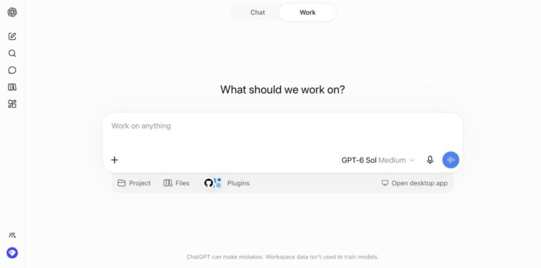 ChatGPT Work on the web, with GPT-6 Sol selected, a blue Start Voice button, and Project, Files and Plugins controls.