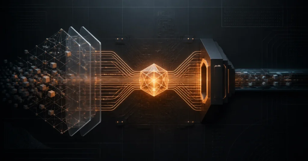 Abstract amber AI core splitting between a protective lattice and a controlled access gateway, illustrating Claude Fable 5.1 and Mythos 5.1