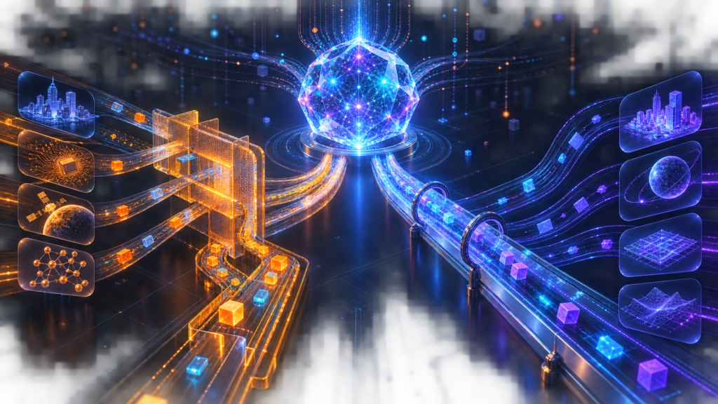 One shared AI intelligence core branches into a safeguarded amber route and a trusted-access blue route