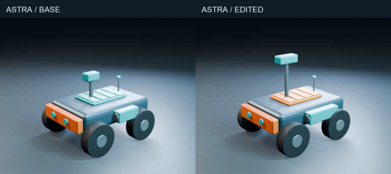 Two Blender renders of a compact survey rover: teal roof in the base version and orange roof with a taller mast in the edited version