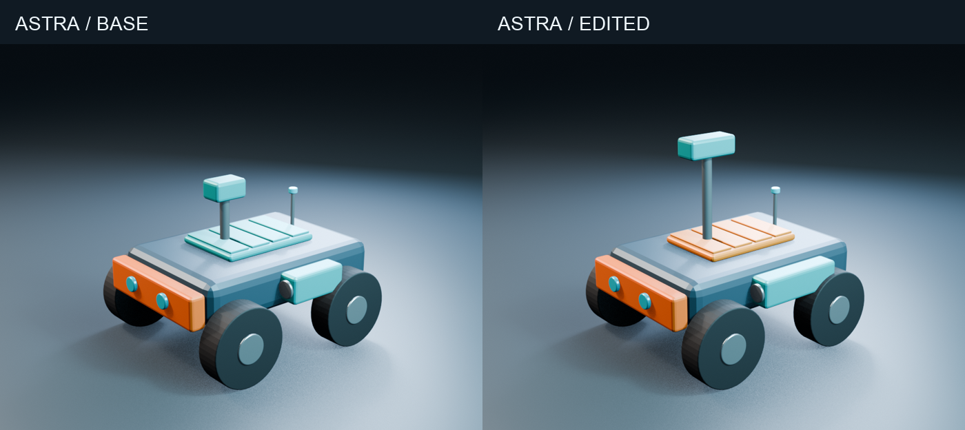 Two Blender renders of a compact survey rover: teal roof in the base version and orange roof with a taller mast in the edited version
