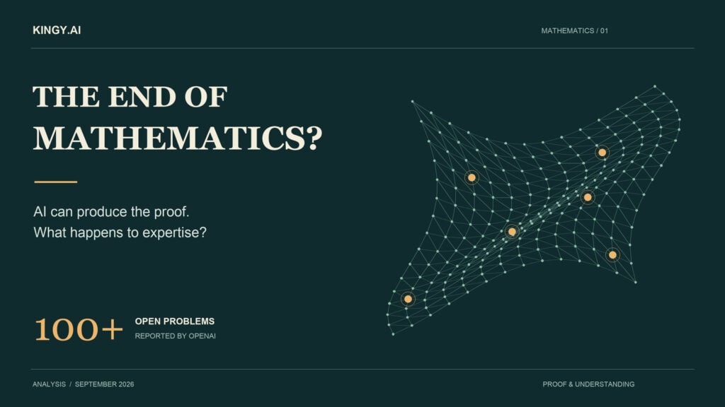 Editorial cover asking The End of Mathematics?, with a geometric surface and OpenAI’s reported 100-plus open-problem claim.