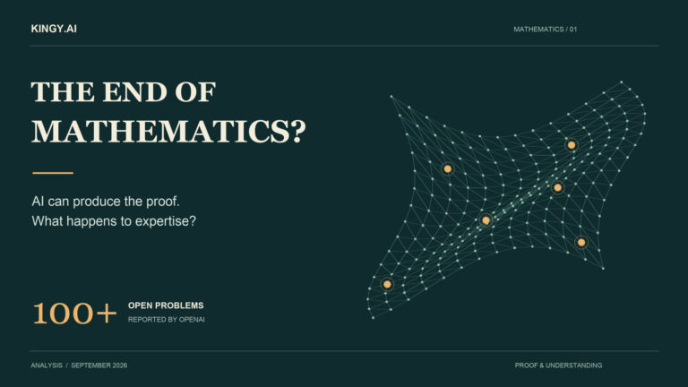 Editorial cover asking The End of Mathematics?, with a geometric surface and OpenAI’s reported 100-plus open-problem claim.