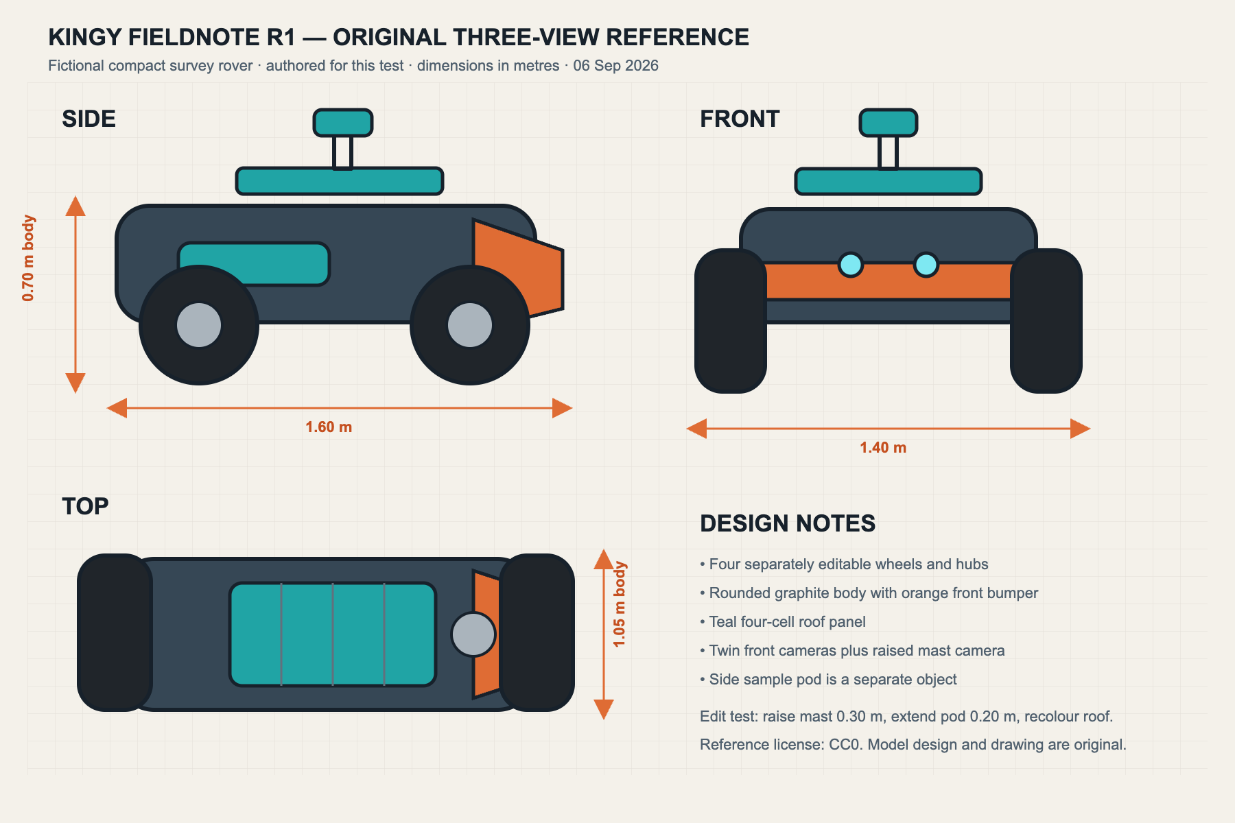 Original side, front and top technical drawing of a fictional compact survey rover with dimensions and design notes