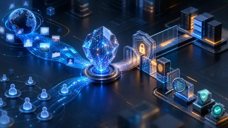Abstract defensive cybersecurity shield separating a public AI model lane from a gated security research lane