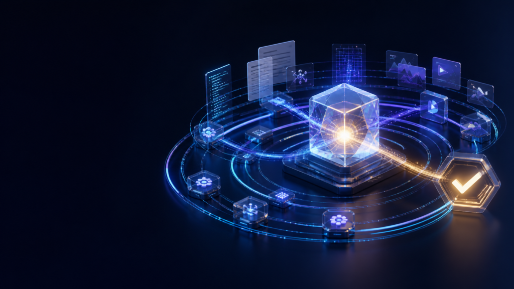Abstract glass AI core sends code, documents, charts and video through iterative tool loops toward a verified result