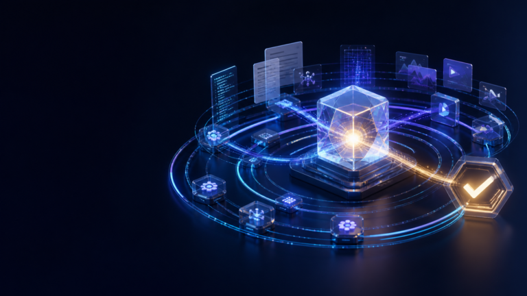 Abstract glass AI core sends code, documents, charts and video through iterative tool loops toward a verified result