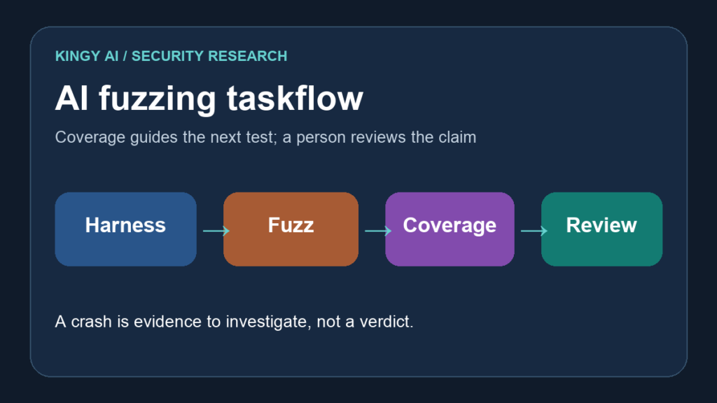 Editorial diagram of a fuzzing campaign: harness, fuzzing, coverage feedback, and human review.