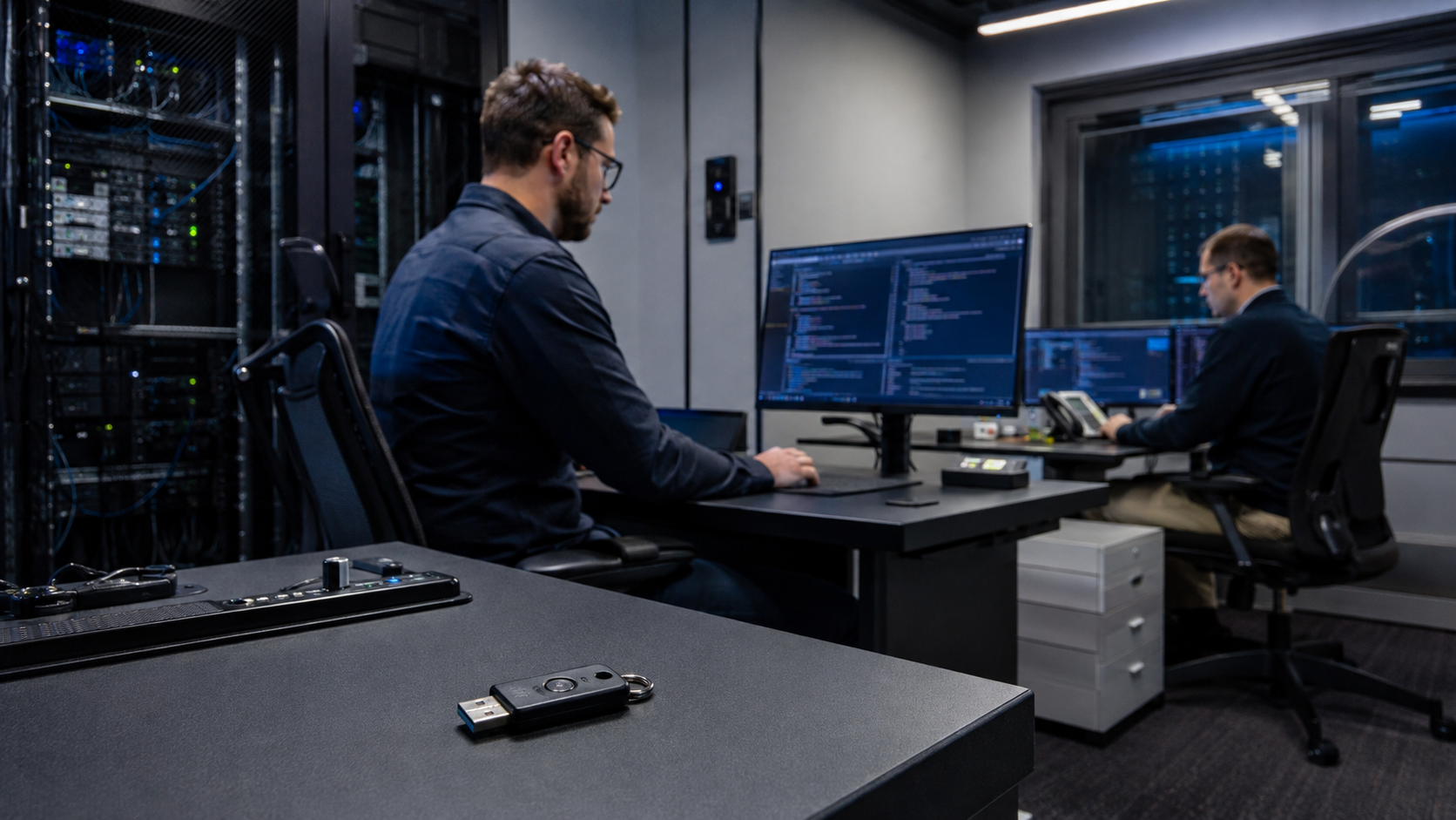 Authorized cybersecurity analysts work in a controlled Daybreak Blue testing environment