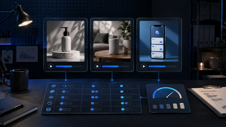 Controlled comparison of three AI-generated product-demo video jobs with a scoring grid and cost meter