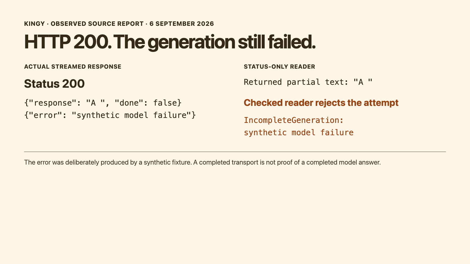 Actual local HTTP fixture report for Ollama returns HTTP 200 but the answer stops early. Synthetic client testing; no live Ollama inference.