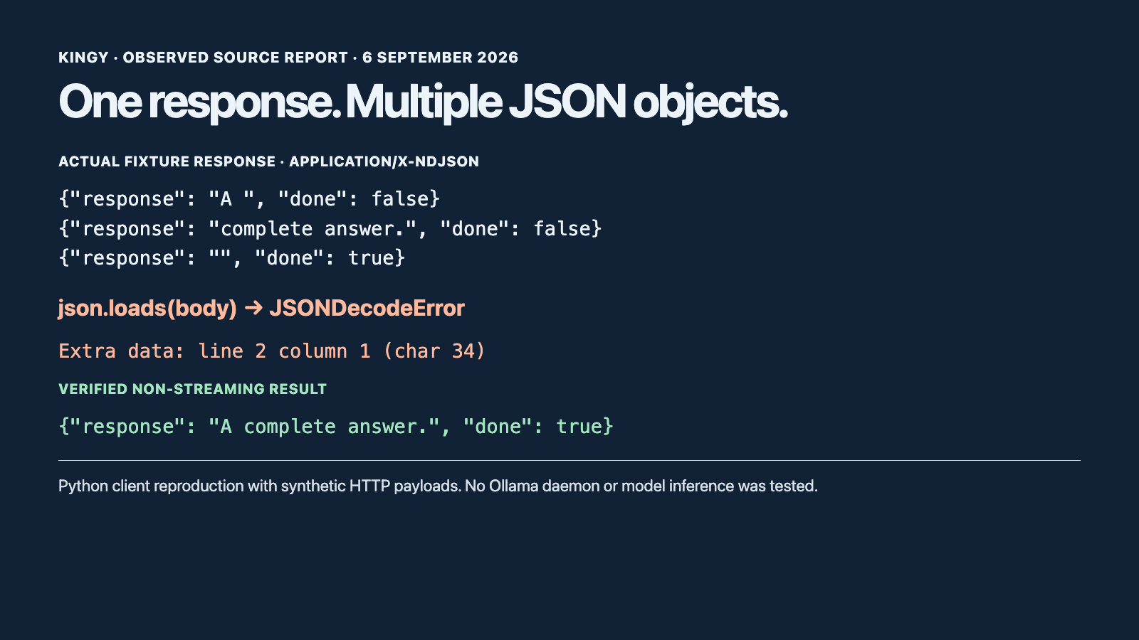 Actual local HTTP fixture report for Ollama JSONDecodeError: Extra data — fix the response parser. Synthetic client testing; no live Ollama inference.